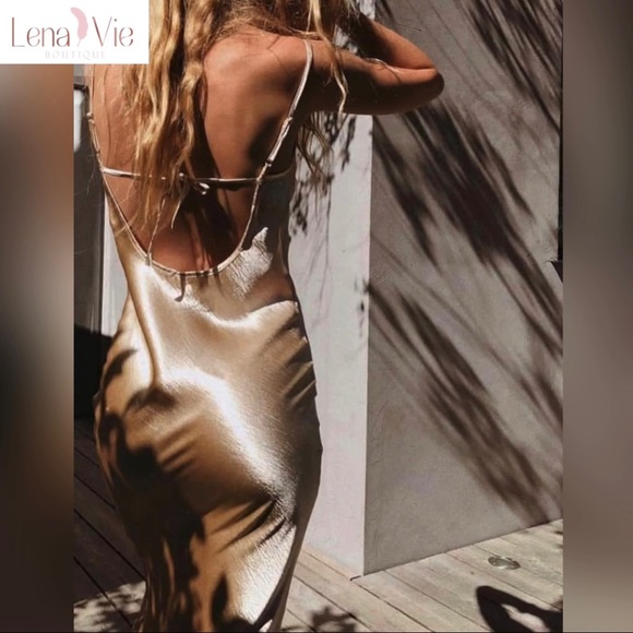 Lena Vie Champagne Addie May Slip Dress Hammered Soft Satin Long Gold Maxi Gown - Picture 6 of 12